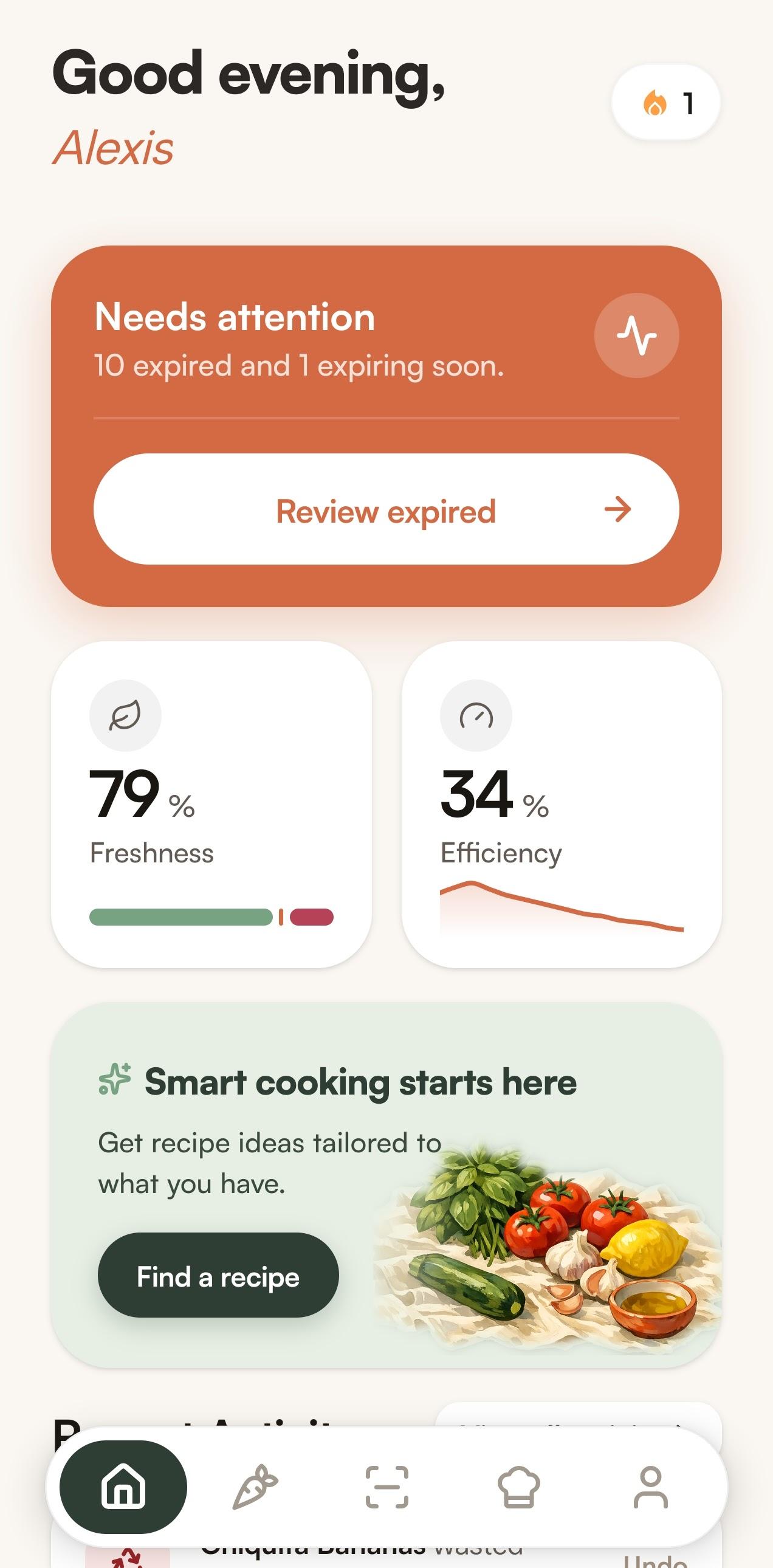 The Fridgie home screen showing what needs attention and an overall freshness score.