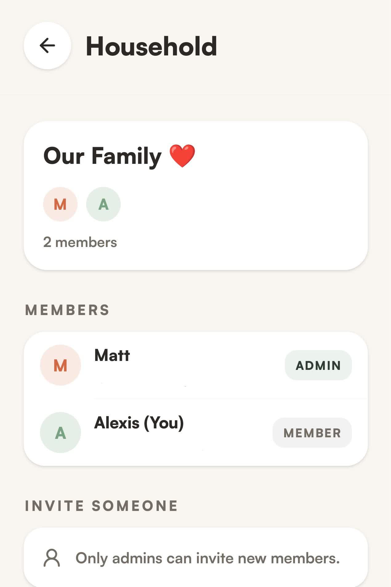 The Fridgie household screen showing two family members and their admin and member roles.