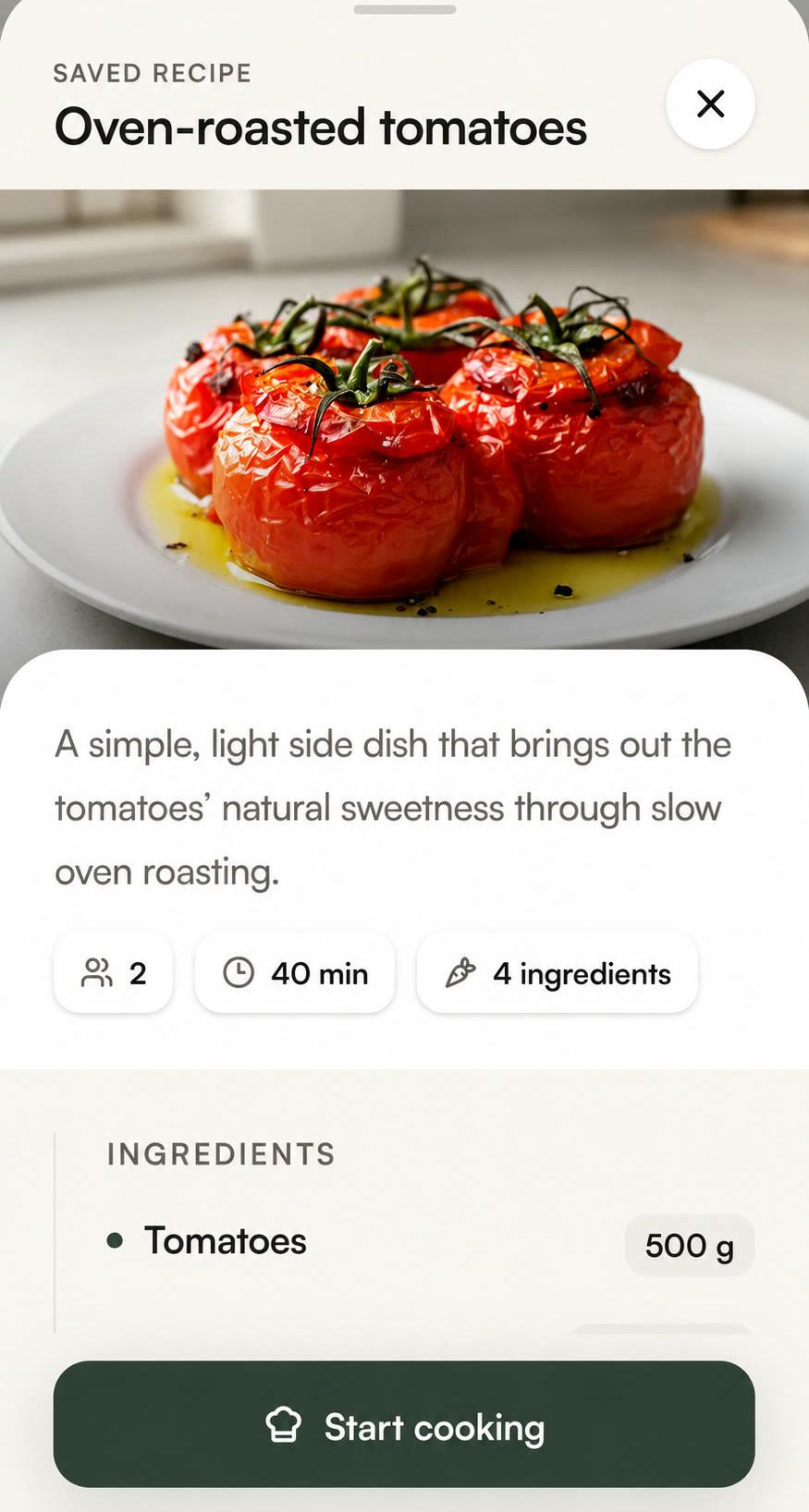 A saved Fridgie recipe for oven-roasted tomatoes with timings and ingredients.
